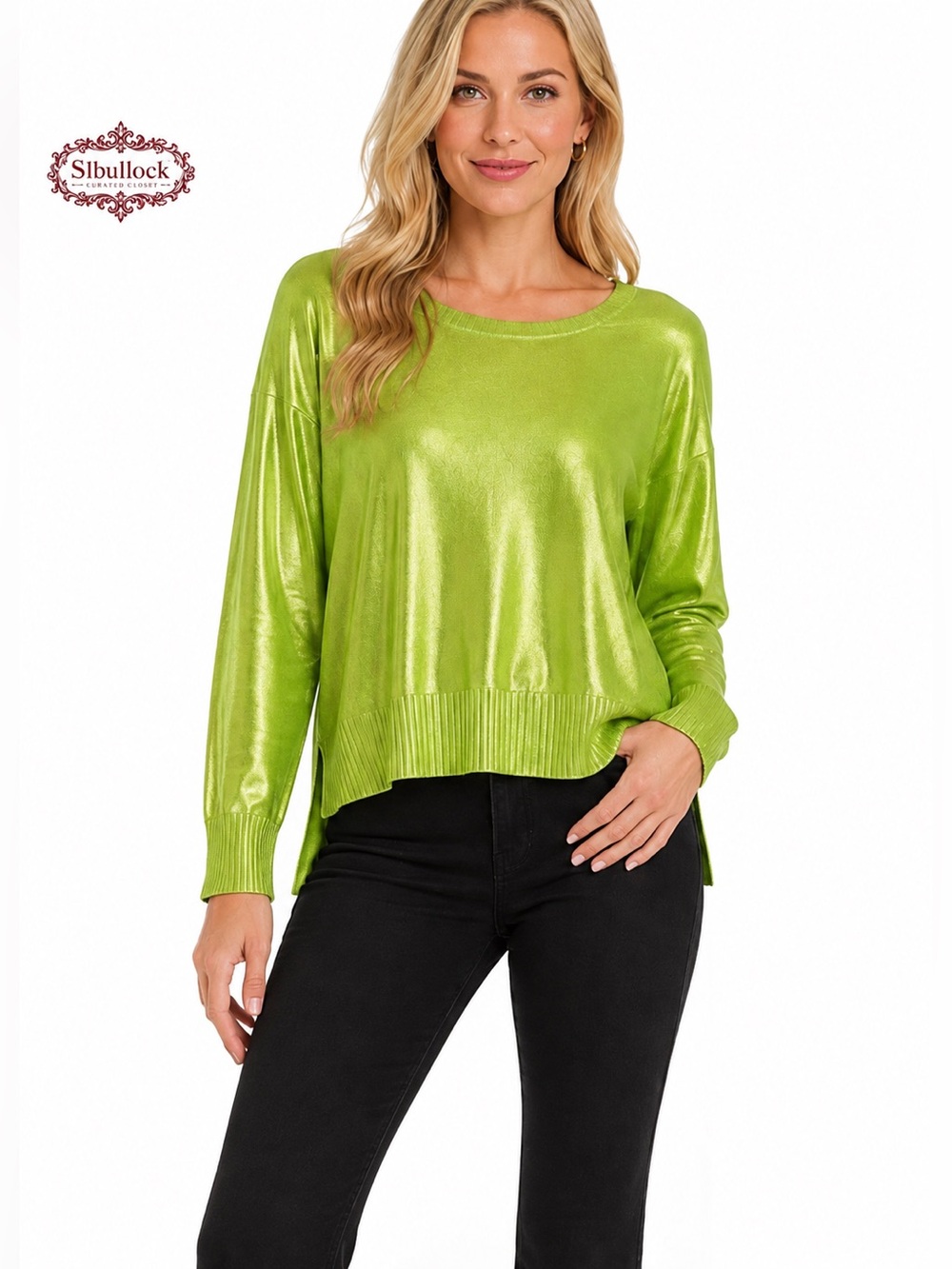 Z5 Zara Metallic Shimmer Lime Green Oversized Knit Top Size Small